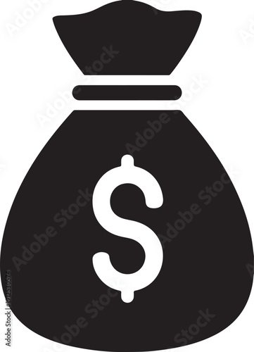 Minimalist black money bag icon with dollar sign for business, finance, and investment concepts isolated on white background. 