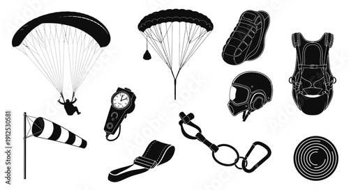 Parachuting and Wind Direction Icon Set Vector