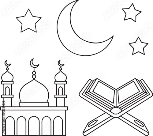 Islamic religious icon set featuring a mosque, holy Quran on a stand, crescent moon, and stars in minimalist line art style isolated on white background. 