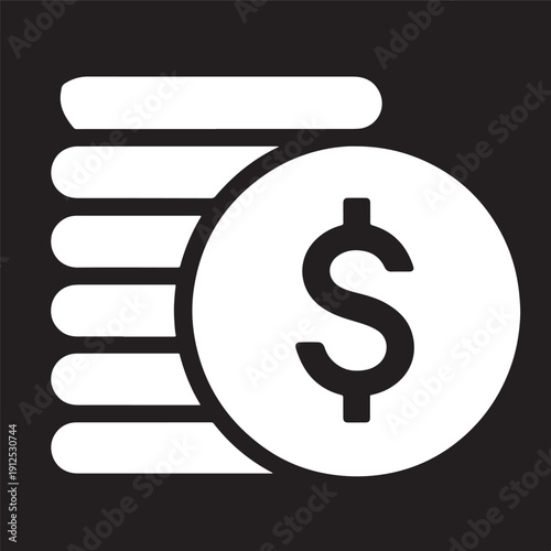 Flat vector illustration of a dollar coin stack icon for business, finance, and investment concepts isolated on black background. 
