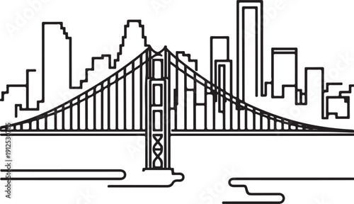 Minimalist line art illustration of San Francisco skyline with the iconic Golden Gate Bridge isolated on white background.
