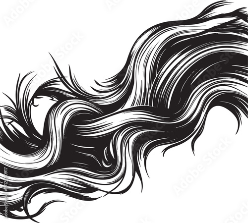 Detailed hand-drawn vector illustration of flowing wavy hair strands, abstract black and white line art isolated on white background.
