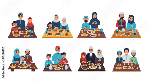 Diverse muslim families enjoying meals together in a cartoon illustration