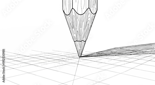 Close-up of a sharpened pencil drawing a grid on a white surface, creating a shadow