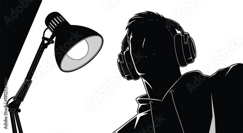 Silhouette of a person wearing headphones, illuminated by a desk lamp, suggesting focus, study, or creative work in a minimalist style.