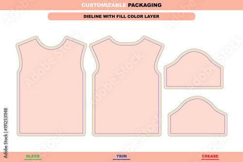 Drop shoulder t-shirt packaging dieline template with relaxed fit garment structure and printable layout for apparel design and smooth die line preparation