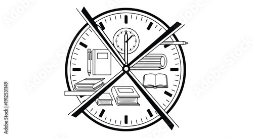 Time management and productivity concept. Clock face divided into sections, illustrating daily tasks, study, and work. Black and white vector graphic.