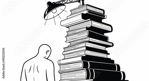 Black and white illustration of a person contemplating a towering stack of books under a focused desk lamp, symbolizing the vastness of knowledge and academic pursuit.