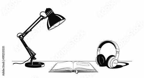 Minimalist black and white illustration of a desk lamp illuminating an open book next to headphones, symbolizing focused study, learning, or quiet work environment.