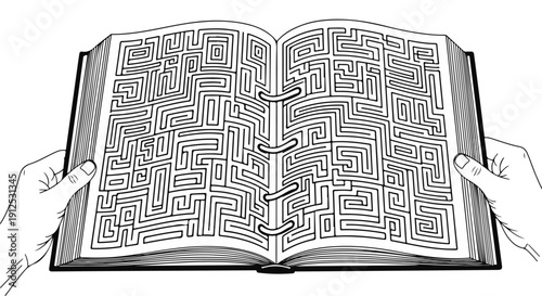 Hands holding an open book with a complex labyrinth maze illustration on its pages, symbolizing challenge, problem-solving, and the journey of knowledge.