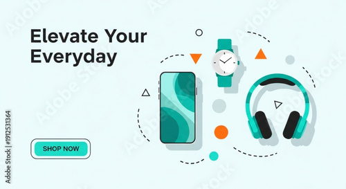 A modern vector graphic illustration of a smartphone, watch, and headphones with a shopping button