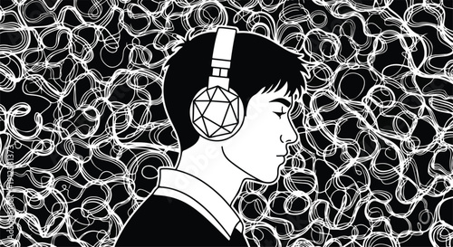 Graphic illustration of a contemplative young man wearing headphones, surrounded by a complex abstract pattern symbolizing sound, thought, or mental immersion.