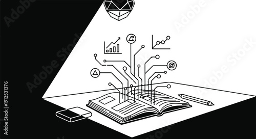 Digital knowledge emerging from an open book, powered by technology and data analytics, illustrating modern learning and information processing concepts.