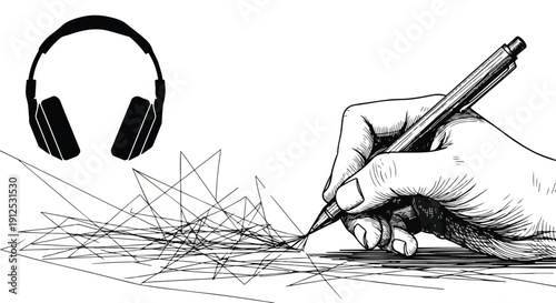 Hand writing with pen and headphones, abstract lines, concept of creativity, inspiration, and audio notes