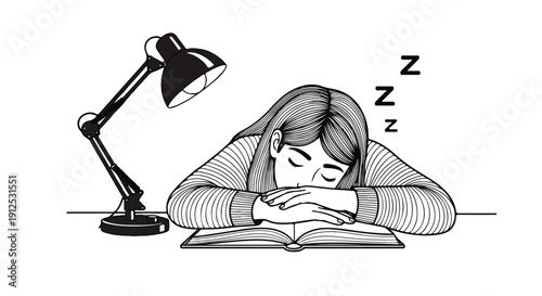 Young woman sleeping on an open book under a desk lamp, exhausted from studying late at night.