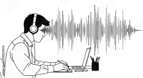 Man wearing headphones listening to sound waves while working on a laptop, concept of audio editing, music production, or sound engineering