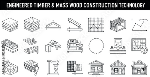 Vector Set of Engineered Timber Icons, Mass Wood Construction Technology Symbols and Sustainable Building Elements for Modern Architecture