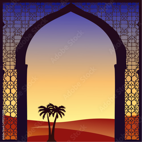 Abstract silhouette of a person in prayer within a grand mosque archway.