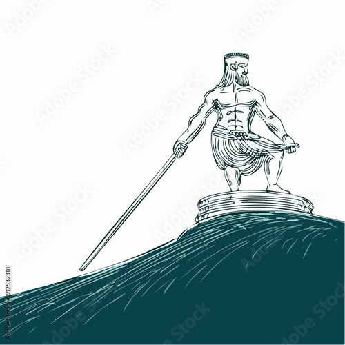 Vintage line art illustration of a powerful mythological warrior god.