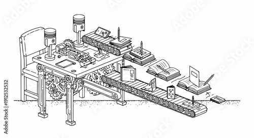 Conceptual illustration of a book-making machine with pistons, gears, and conveyor belts, symbolizing industry and technology.