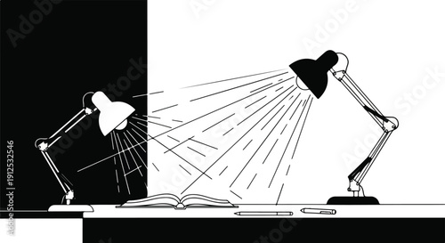 Two desk lamps, one illuminating a book and desk, the other in darkness, symbolizing contrast and learning