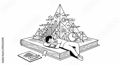 Man sleeping on an open book with a pyramid of data and charts symbolizing knowledge and learning