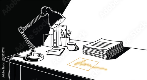 Monochrome desk setup with an adjustable lamp casting light on a stack of documents, a coffee cup, and a handwritten signature, representing focused work or study.