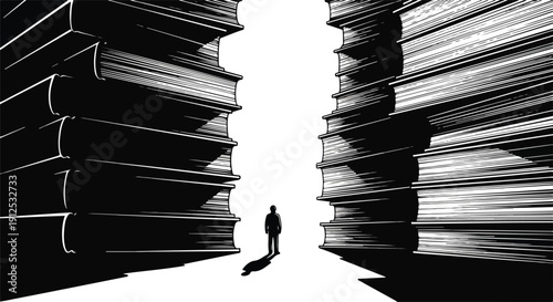 Path to Knowledge: A lone silhouette stands between towering stacks of books, symbolizing the vast journey of learning, education, and intellectual discovery.