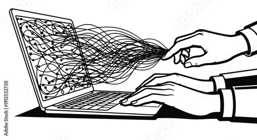 Human hands interacting with a laptop, untangling a complex web of digital data and network connections, symbolizing problem-solving and IT challenges.