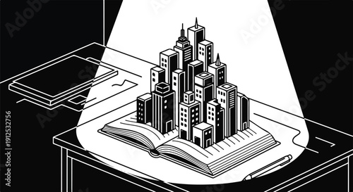 Conceptual black and white illustration of a city skyline rising from an open book, spotlighted, symbolizing knowledge, education, and urban development.