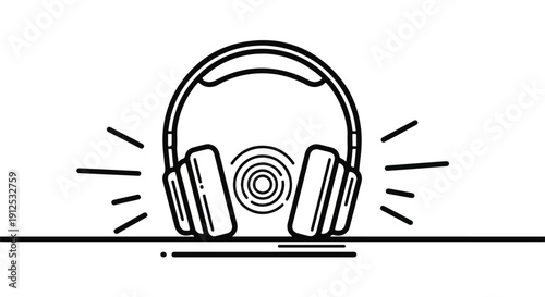 Minimalist line art illustration of over-ear headphones emitting sound waves, symbolizing music, audio, and entertainment in a clean, modern black and white style.