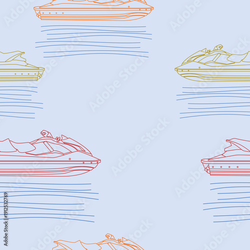 Editable Outline Side View Personal Watercraft or Water Scooter in Various Colors on Water Vector Illustration as Seamless Pattern for Creating Background of Transportation or Recreation