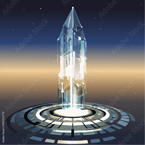 Futuristic crystal tower power source on a high-tech circular platform.