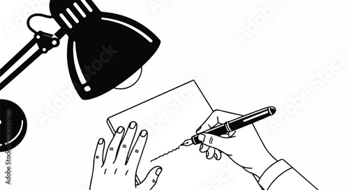 Overhead black and white illustration of hands writing on a blank paper with a pen, illuminated by a desk lamp, symbolizing study, work, or creative process.