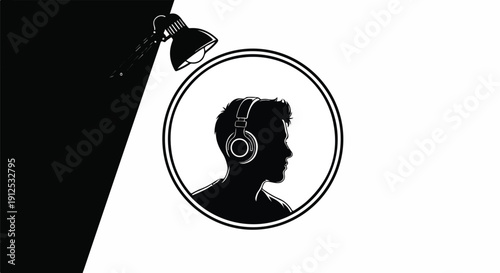 Minimalist black and white graphic featuring a man's silhouette with headphones, illuminated by a spotlight, symbolizing sound, music, and concentration.