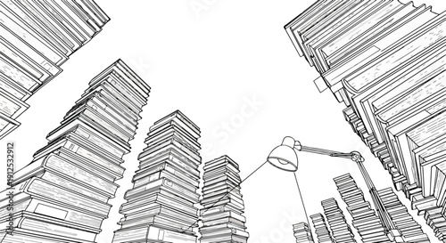 Abstract sketch illustration of tall book stacks resembling a city skyline, with a desk lamp, symbolizing knowledge, education, learning, and academic pursuit.