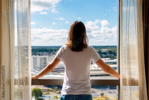 Person Standing by Hotel Window Overlooking Vibrant City View During Vacation Free Download Person Standing by Hotel Window Overlooking Vibrant City View During Vacation - GFXLoad