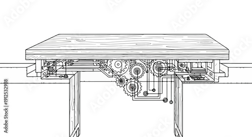 Detailed illustration of a mechanical clockwork mechanism beneath a wooden table, showing gears and components