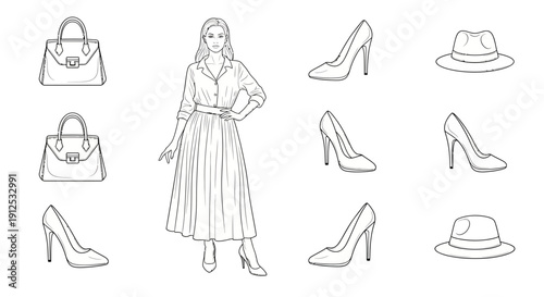 Vintage Fashion Sketch: Woman with Accessories, Handbag, Shoes, Hat