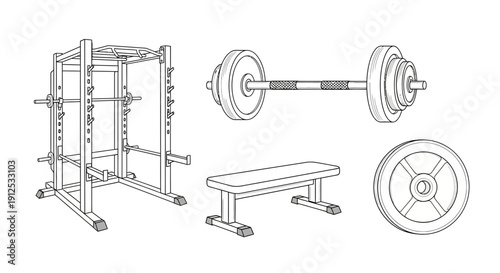 Weightlifting Equipment: Power Rack, Barbell, Weight Plates, and Bench for Gym Workout