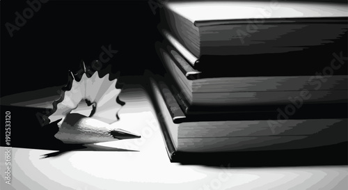 Close-up of a sharpened pencil and shavings next to a stack of books, symbolizing education, learning, and creativity.