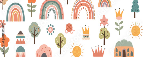 Cute boho nursery vector clipart set with rainbows trees flowers sun and whimsical landscape elements collection