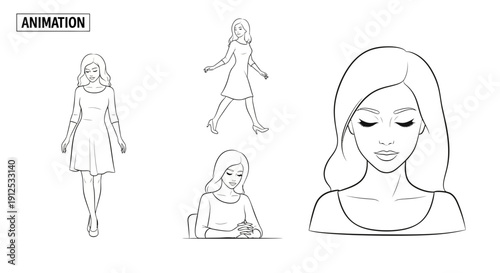 Woman Animation Sequence: Full Body, Walking, Sitting, Close-up Portrait
