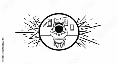 Student wearing headphones studying at a desk with books and phones, concentrated, surrounded by abstract energy bursts.