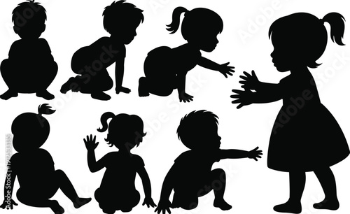 Kids silhouette collection, children playing and sitting poses, toddler activity set, playful childhood concept, black flat vector illustration design