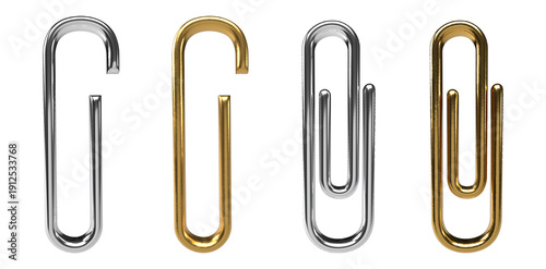 3d silver and gold paper clip png isolated 