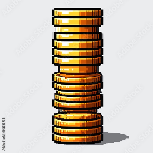 Stack of golden coins standing upright on a plain surface viewed from the side with a slight shadow underneath