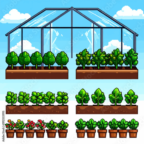 Greenhouse illustration featuring various plants and trees in a controlled environment from a frontal viewpoint