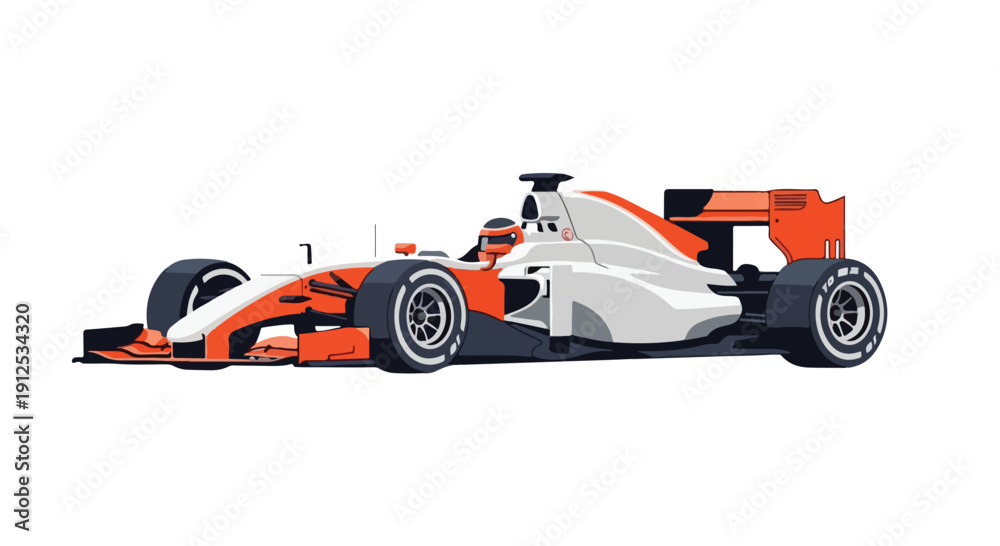 Fototapeta premium Many people watch a sleek, orange and white race car speeding on a track with a plain white background, captured in a cinematic style with a focus on speed and motion.