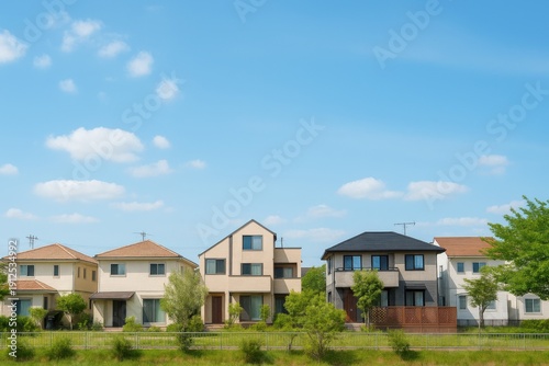 Wallpaper Mural 青空と白い雲の下、芝生が広がる手前に並ぶベージュやブラウン系の戸建て住宅群が、穏やかな郊外の風景を形成しています。 Torontodigital.ca